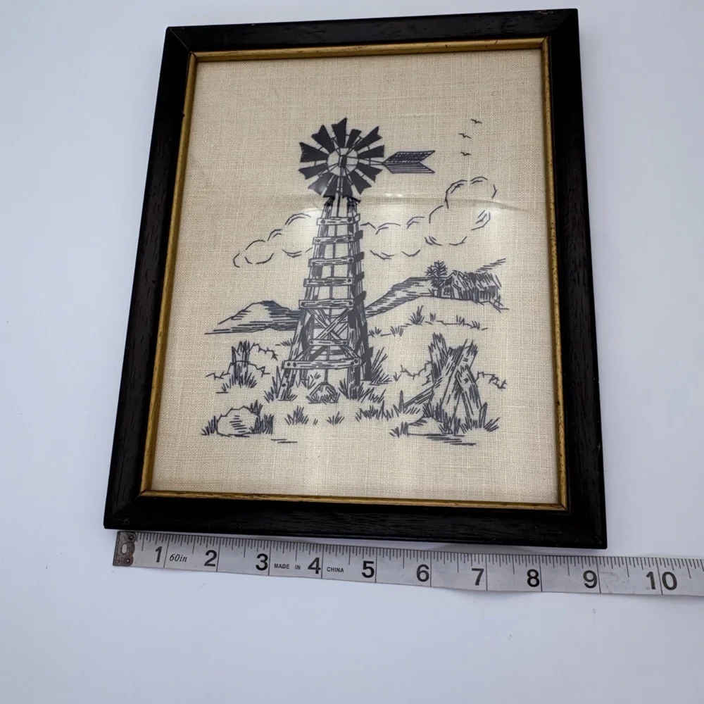 Vintage Framed Windmill Needlepoint Art